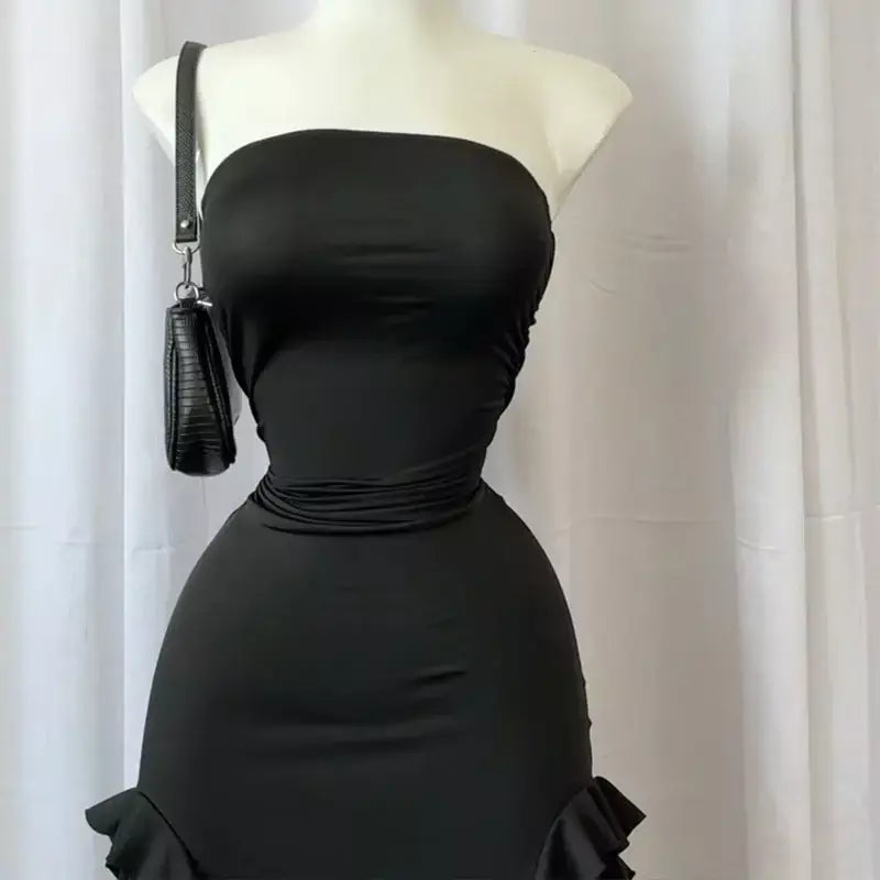 Mulheres sem alças sexy floral dobra hemline alta fenda mini vestido 2024 sólido sem costas sem mangas preto e rosa vestido de festa