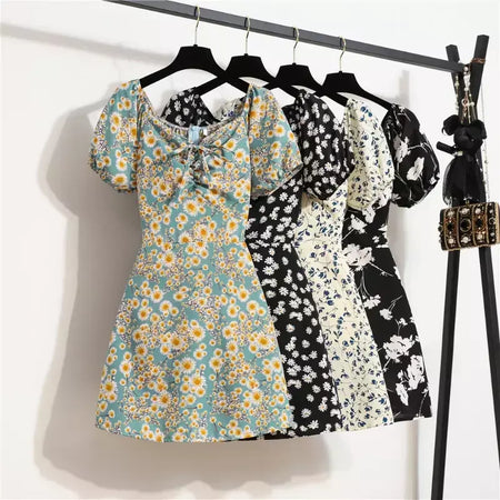 Mulheres mini vestidos de verão moda feminina vestidos impressão floral chiffon vestidos shirring plissado manga curta inchado vestido casual