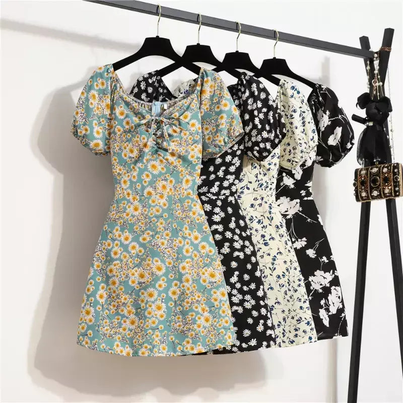 Mulheres mini vestidos de verão moda feminina vestidos impressão floral chiffon vestidos shirring plissado manga curta inchado vestido casual