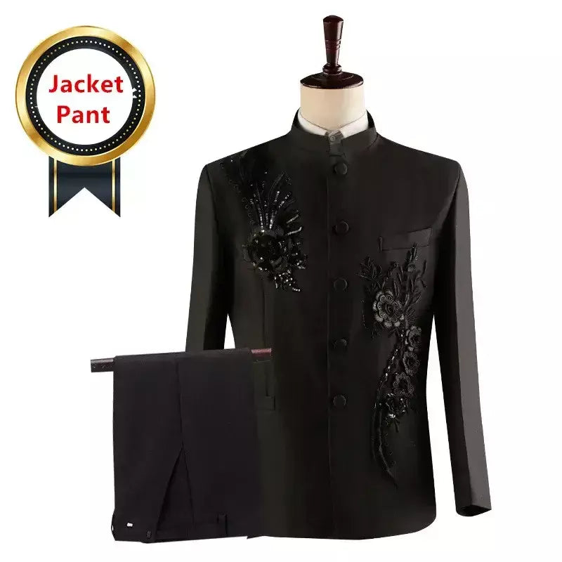 (Jaqueta + calça) moda masculina palco desempenho vestido ternos 2025 novo masculino estilo chinês levante-se colarinho decalque blazer e calças