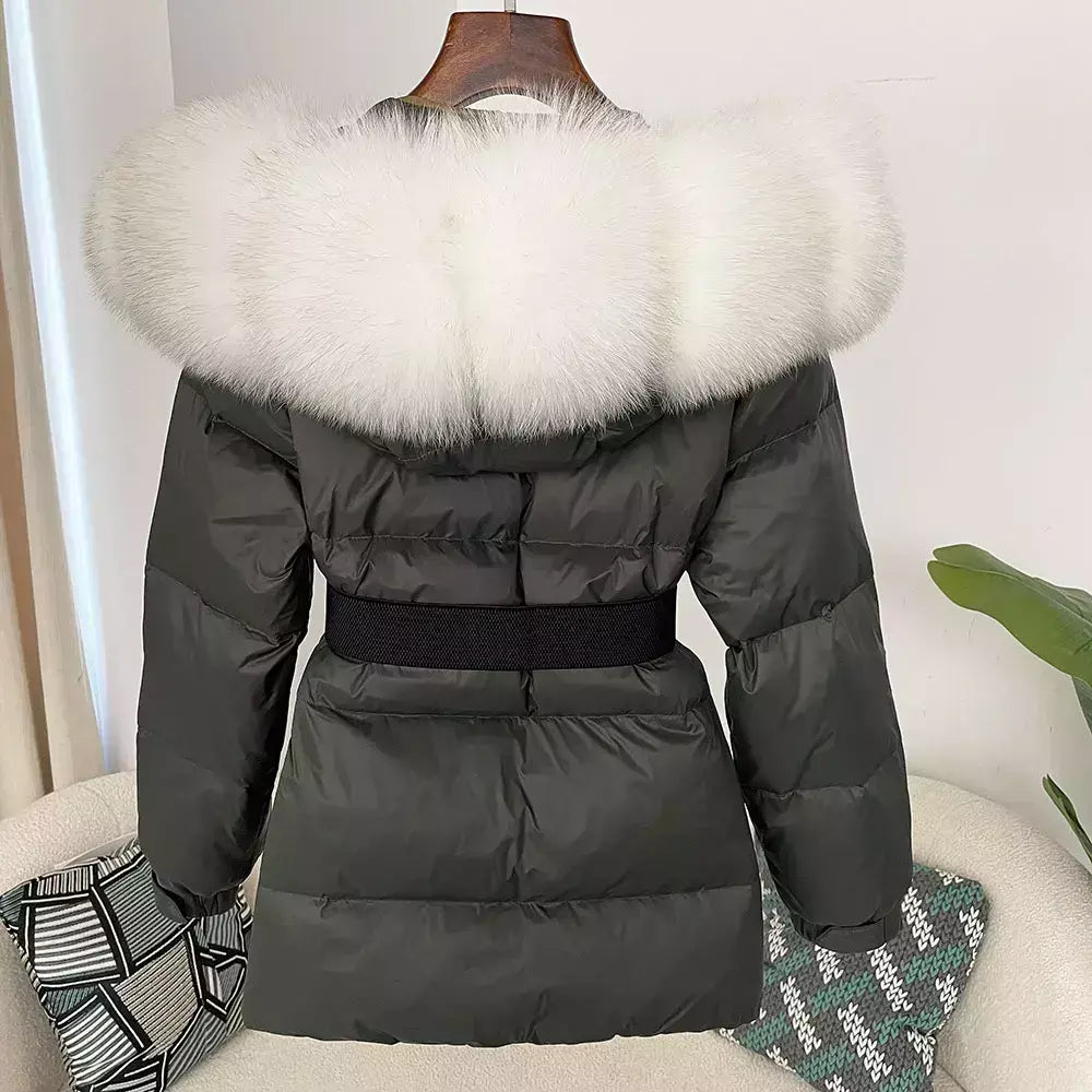 Oftbuy 2024 jaqueta de inverno feminina gola de pele de raposa natural real com capuz grosso quente 90% pato branco para baixo casaco feminino streetwear casual