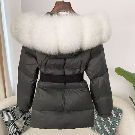 Oftbuy 2024 jaqueta de inverno feminina gola de pele de raposa natural real com capuz grosso quente 90% pato branco para baixo casaco feminino streetwear casual