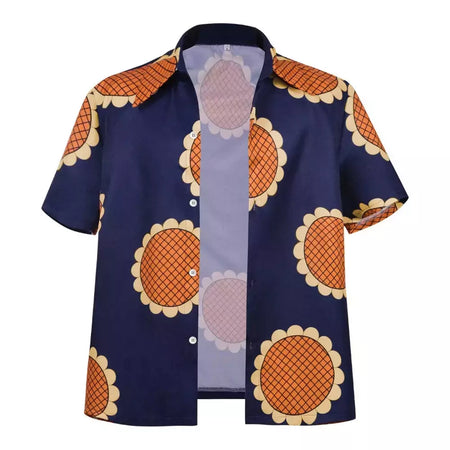 Nova chegada anime luffy cosplay traje feminino masculino girassol impressão botão camisa halloween adulto cosplay luffy chapéu de palha + terno superior
