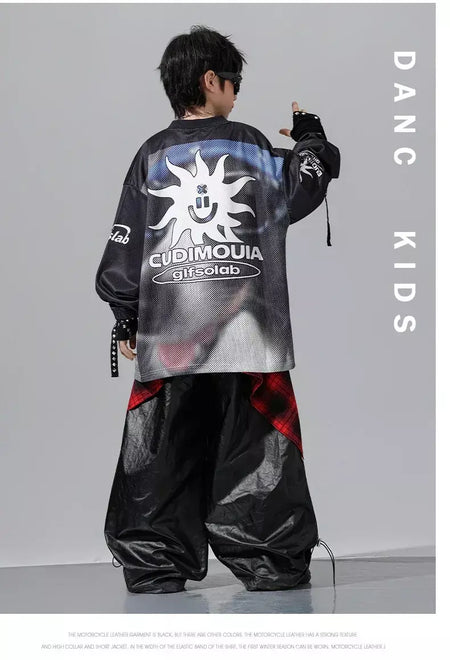 Meninos hio hop letras jaqueta de couro dança de rua calças de carga soltas meninas k-pop streetwear crianças conjunto de roupas jazz traje