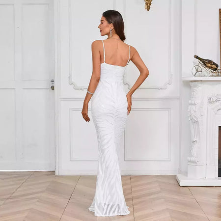 Vestido Maxi Lantejoula Branco Feminino, Vestido Sexy Strap, Vestido de festa longo
