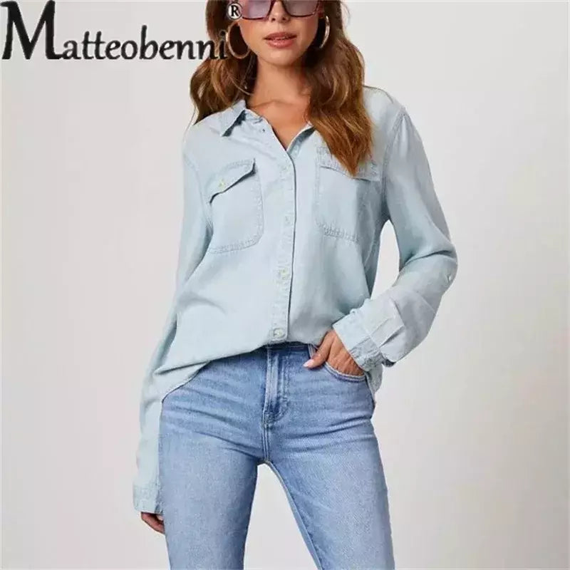 Camisa jeans fina de peito único feminina, bolso de emenda, manga longa, tops de lapela, confortável, blusa casual para mulheres, outono