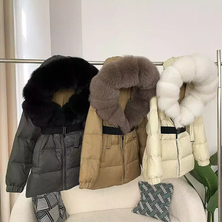 Oftbuy 2024 jaqueta de inverno feminina gola de pele de raposa natural real com capuz grosso quente 90% pato branco para baixo casaco feminino streetwear casual