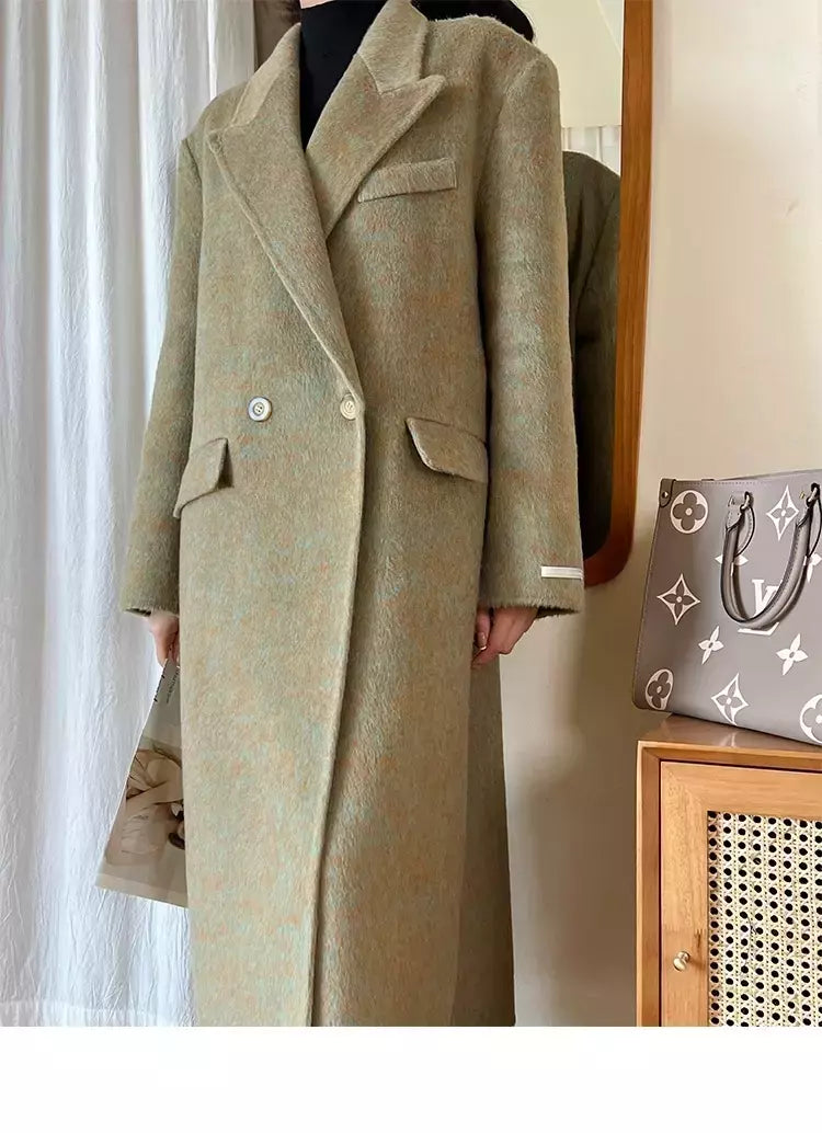 Casaco de alpaca de lã feminino, jaquetas de lã, trespassado duplo, gola de terno, solto, Casacos longos, senhora do escritório, outono, inverno, 2022