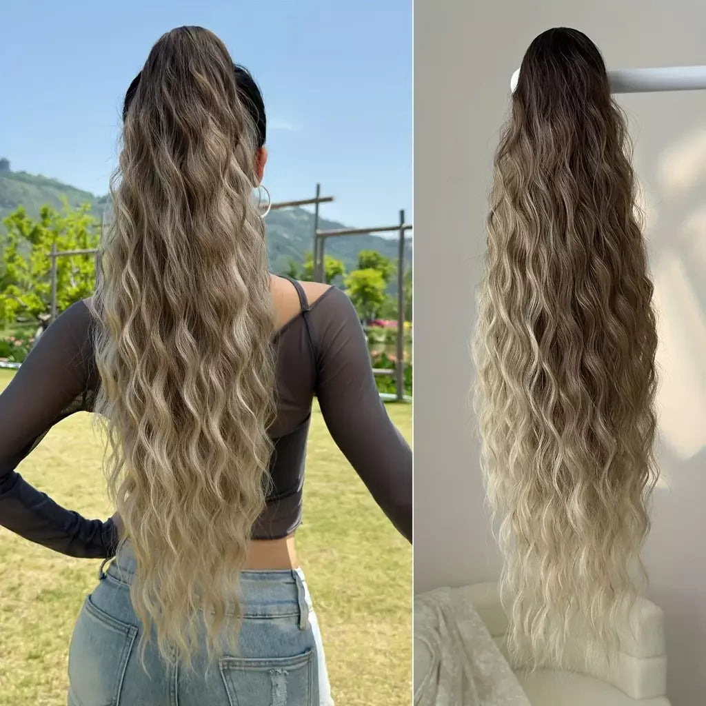 Aoosoo sintético água rabo de cavalo extensão do cabelo clipe no rabo de cavalo da mulher acessórios para o cabelo longo encaracolado peruca natural encaracolado preto