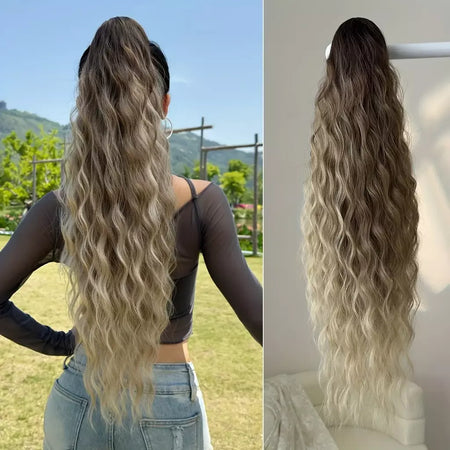 Aoosoo sintético água rabo de cavalo extensão do cabelo clipe no rabo de cavalo da mulher acessórios para o cabelo longo encaracolado peruca natural encaracolado preto
