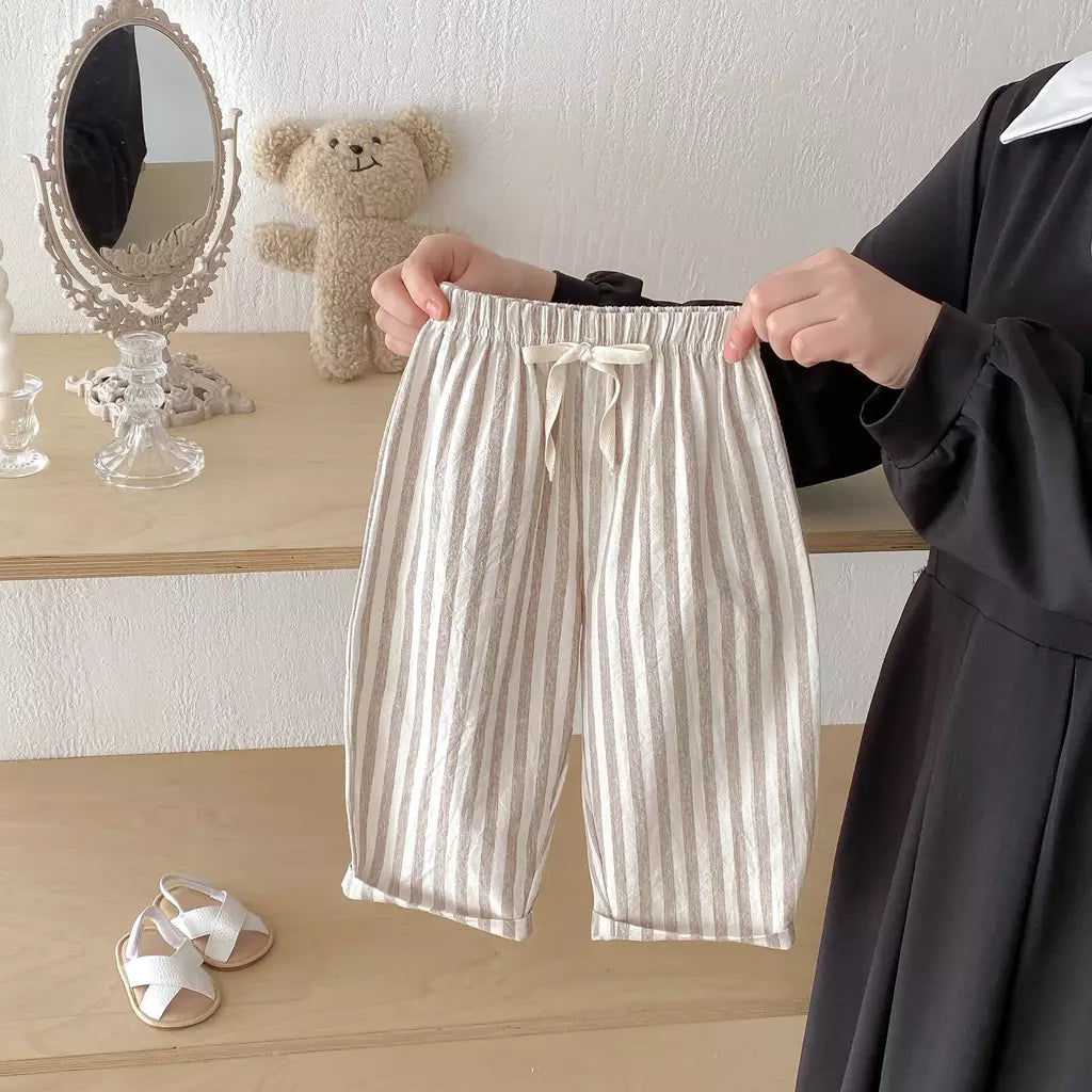 Calças listradas de algodão de linho vintage para meninos casual bolso design elásticos calças de cintura para criança menina roupas crianças