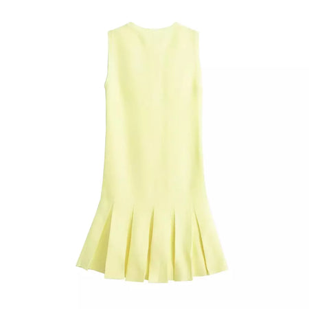 Mini vestido de bolso feminino sem mangas com o pescoço, malha, elegante vestido de botão, fino Lady Fashion, verão, fêmea, 2024