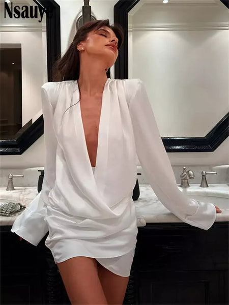 Nsauye curto noite elegante festa mini envoltório manga longa vestido feminino nova moda cetim 2025 inverno sexy night club vestido branco