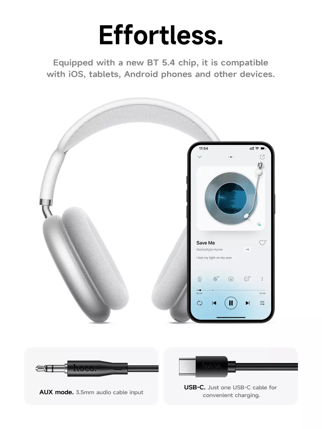 Hoco w65 novo bluetooth 5.4 fone de ouvido sobre a orelha grandes fones alta fidelidade áudio música esporte jogos para iphone android com microfone
