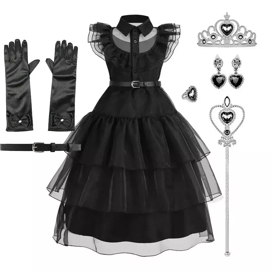 Crianças addams traje do bebê meninas família cosplay traje de halloween crianças família dança vestido preto quarta-feira pageant fantasia