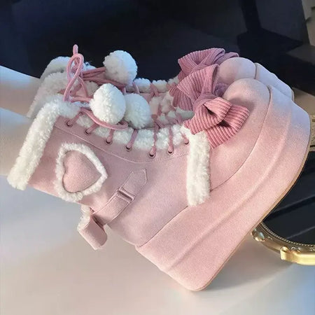 Doce inverno meninas lolita meados de bezerro botas de neve, bonito estudantes do sexo feminino pelúcia quente bowknots rendas até sapatos de salto cunha aumentando