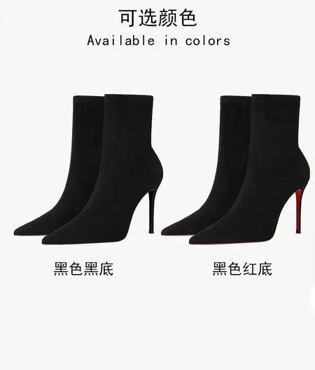 Botas de tornozelo femininas de inverno vermelho brilhante bottoms meias de malha botas outono 2025 nova moda botas de estiramento sexy feminino salto alto fem