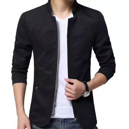 Blazer casual masculino com gola de suporte, jaqueta de negócios elegante, casaco monocromático com bolsos de zíper fino e fino, primavera e outono