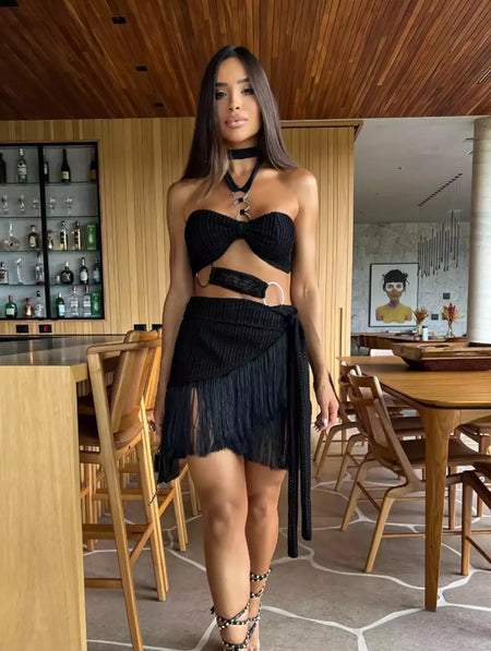Conjunto sexy de biquíni feminino, sutiã de renda, mini saia, férias de praia, fato de banho feminino casual, 2 peças, verão