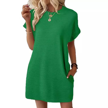 2026 robe femmes soiree manga curta em torno do pescoço mini vestido de cor sólida das mulheres bolso novo solto escritório deslocamento versátil vestido