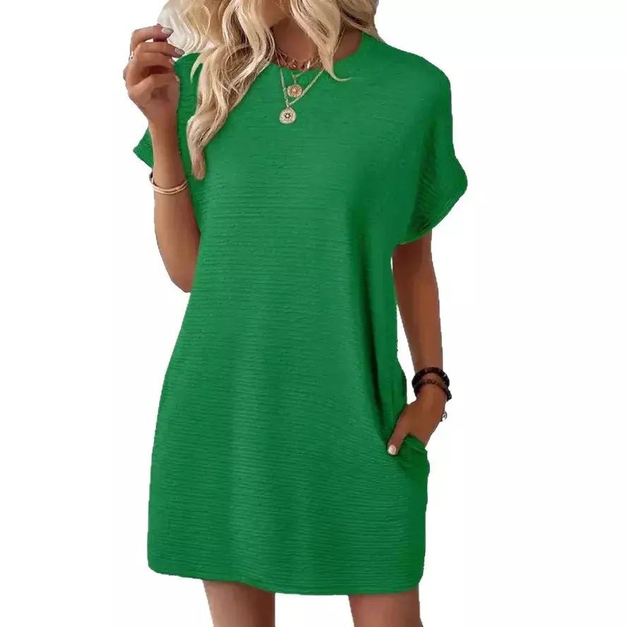 2026 robe femmes soiree manga curta em torno do pescoço mini vestido de cor sólida das mulheres bolso novo solto escritório deslocamento versátil vestido