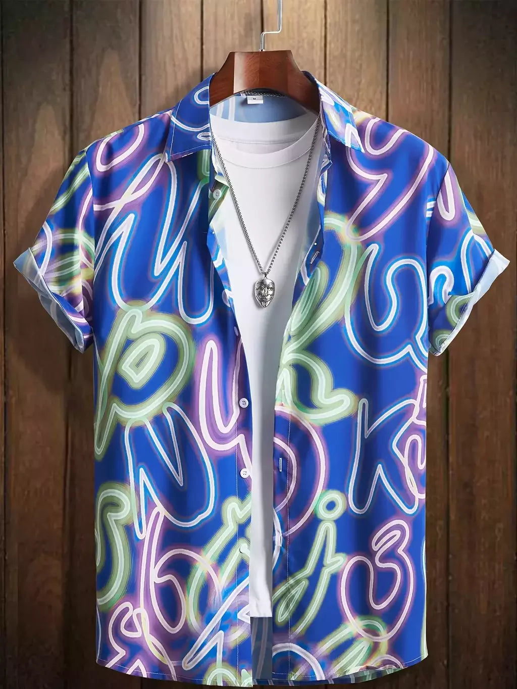 Camisa masculina de lapela estampa estilo néon, camisa casual de manga curta com botão, roupas masculinas, streetwear havaiano, verão