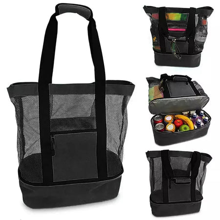 Grande bolsa de malha transparente de camada dupla para mulheres, alta capacidade, preservação de calor, piquenique, praia, bolsa, escritório, almoço, lanches, bolsa
