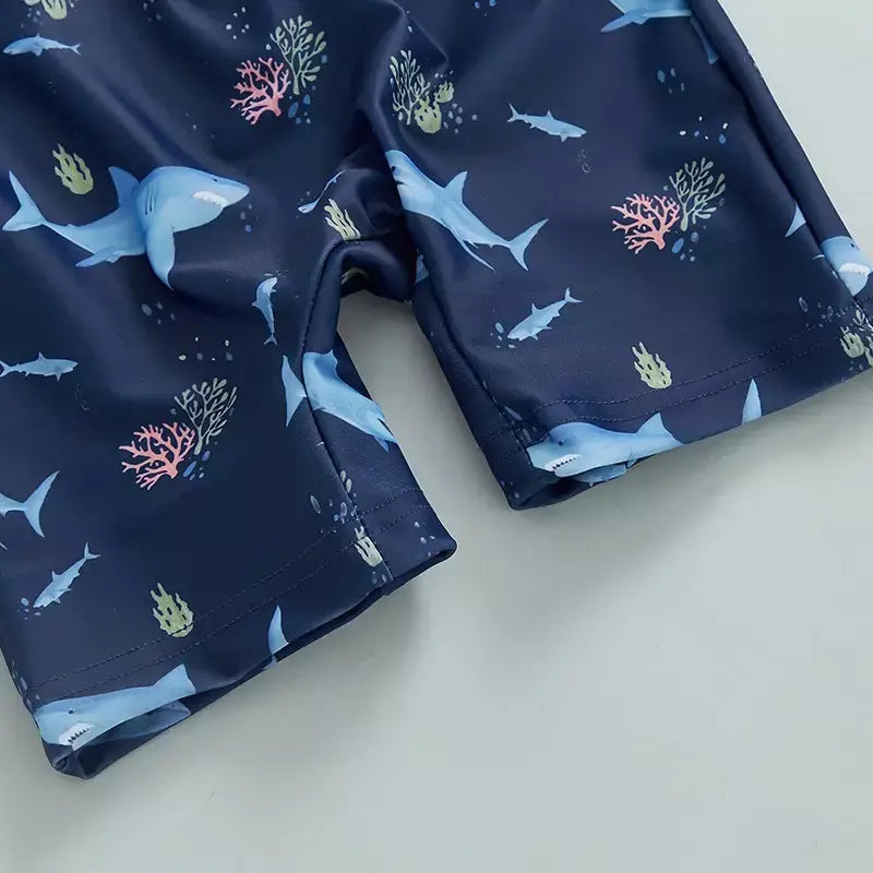 Maiô infantil de 0 a 5 anos, roupa de banho com estampa de tubarão, manga longa, meio zíper, com chapéu de sol, 2 peças, roupa de banho para crianças pequenas