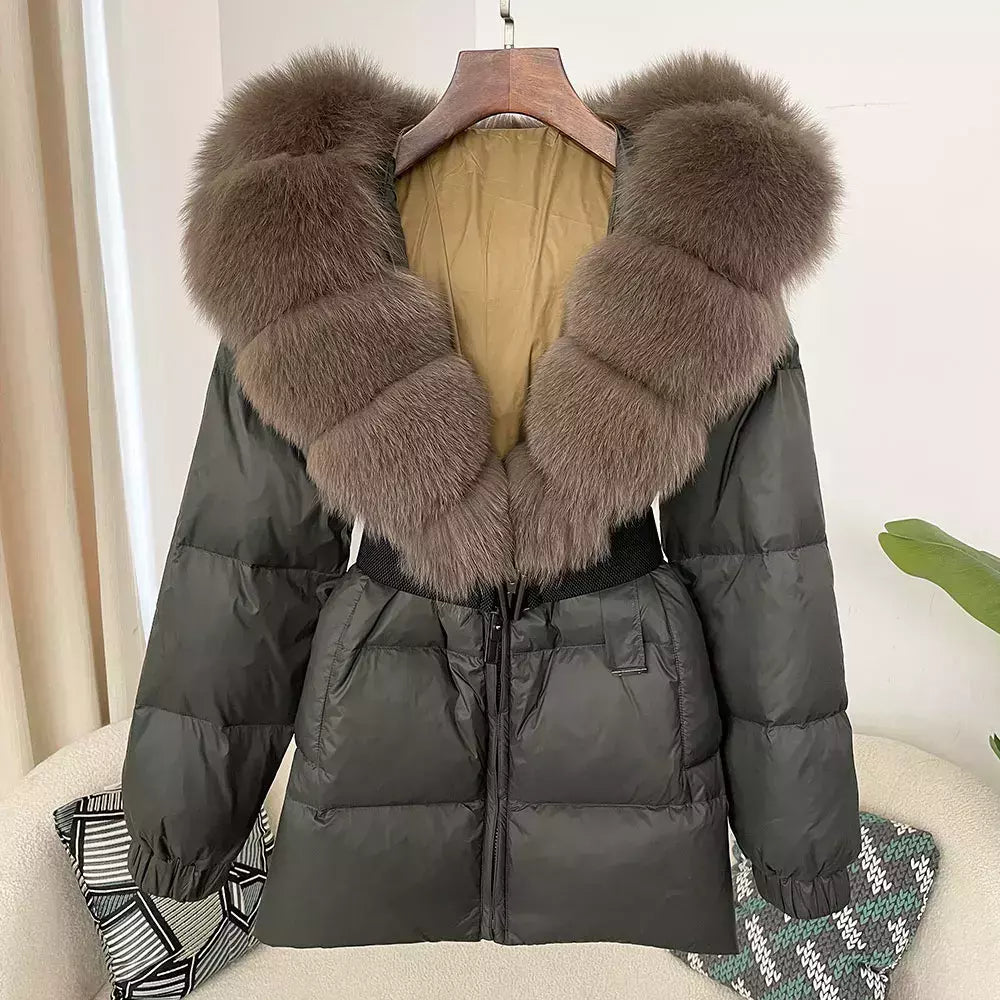 Oftbuy 2024 jaqueta de inverno feminina gola de pele de raposa natural real com capuz grosso quente 90% pato branco para baixo casaco feminino streetwear casual