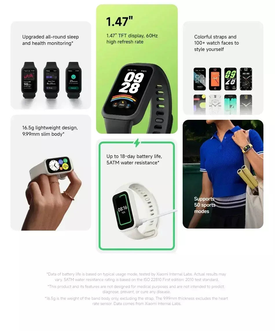 Versão global Xiaomi Smart Band 9 Active 1.47 ''Display 5ATM Modo de vida útil da bateria de 18 dias Monitoramento de saúde e fitness durante todo o dia