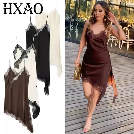 Hxao vestidos femininos de renda assimétrica vestido deslizante verão 2025 vestidos de noite sexy senhoras mini marrom sem mangas sem costas