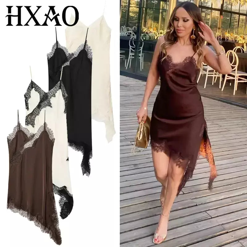 Hxao vestidos femininos de renda assimétrica vestido deslizante verão 2025 vestidos de noite sexy senhoras mini marrom sem mangas sem costas