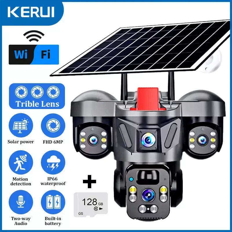 Kerui v380 pro ao ar livre ptz 6mp wifi 4g câmera solar de segurança em casa lente tripla câmera painel solar cctv vigilância vídeo