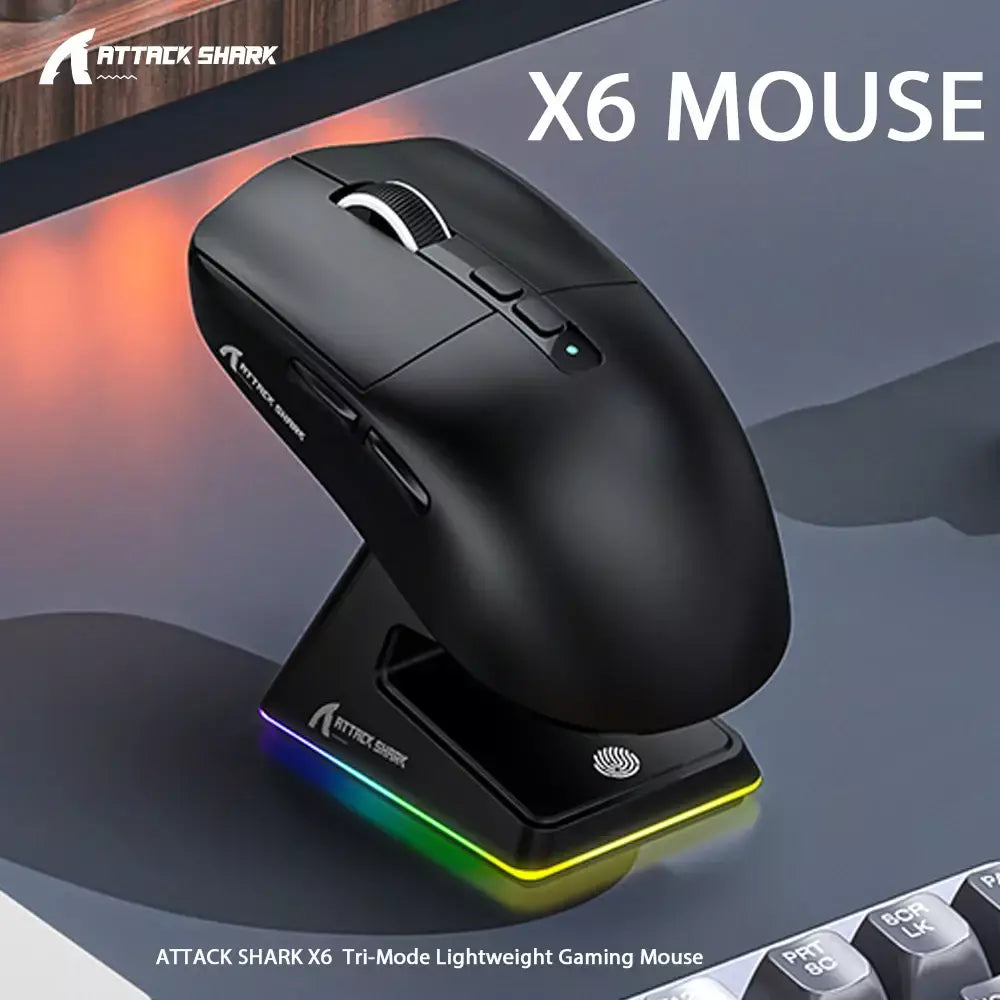 Attack Shark X6 Bluetooth Mouse Gaming Conexão Tri-Mode Sem Fio, Base de Carregamento Magnético Touch RGB PAW3395 Macro Gaming Mouse