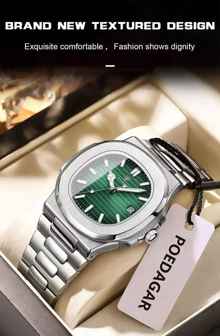 Poedagar quadrado na moda relógio de pulso masculino luminoso à prova dwaterproof água relógio de aço inoxidável para homem data quartzo negócios relógios masculinos reloj