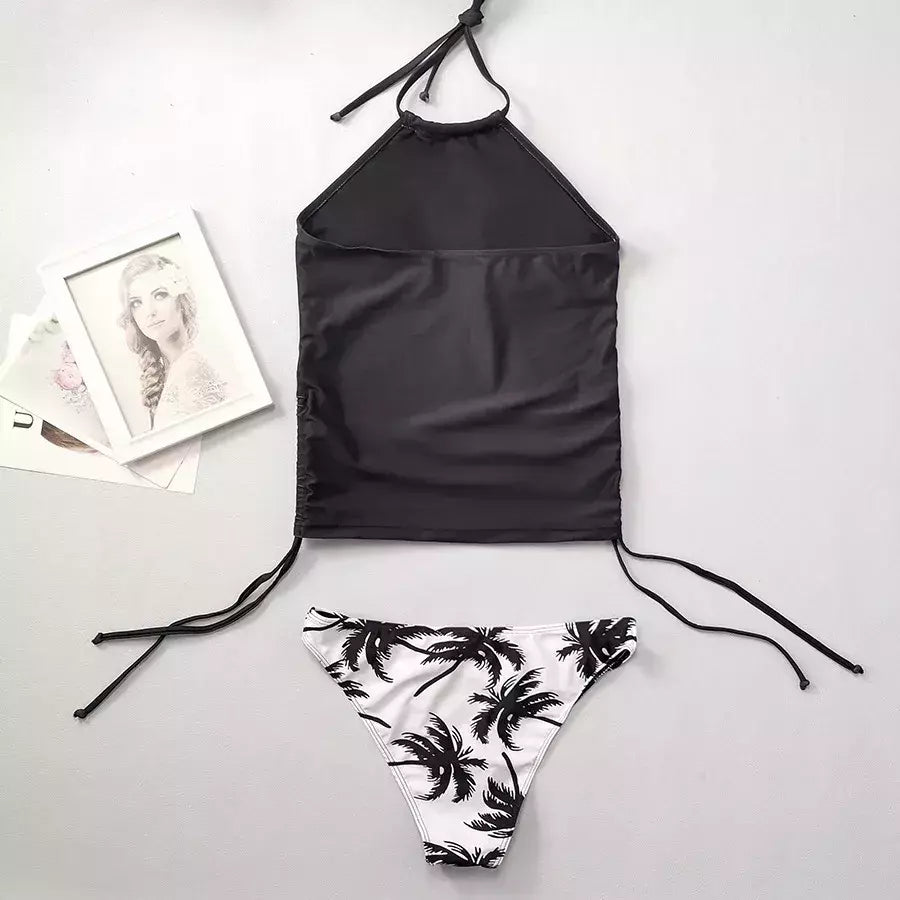 Conjunto de tankini amarrado monocromático feminino, maiô halter, maiô sexy, maiô de praia sem costas, biquíni verão, 2024
