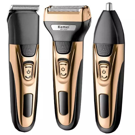 Kemei-Kit de higiene elétrica para homens, aparador de pêlos de barba, barbear corpo, nariz e orelha, lâmina facial recarregável, 3in 1