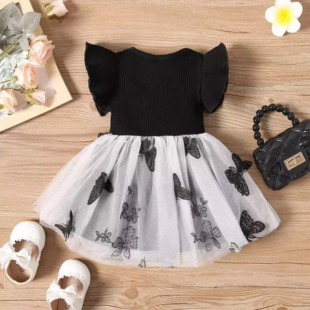 Vestido de Manga Voadora para Bebé Menina, Gola Redonda, Malha Costurada, Moda Casual, Verão, Novo, 0-3 Anos de Idade