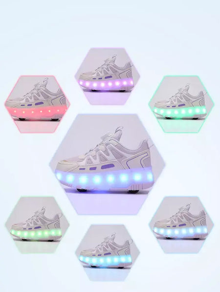 Crianças quatro rodas luminosa brilhante tênis preto rosa led luz rolo sapatos de skate crianças sapatos led meninos meninas carregamento usb