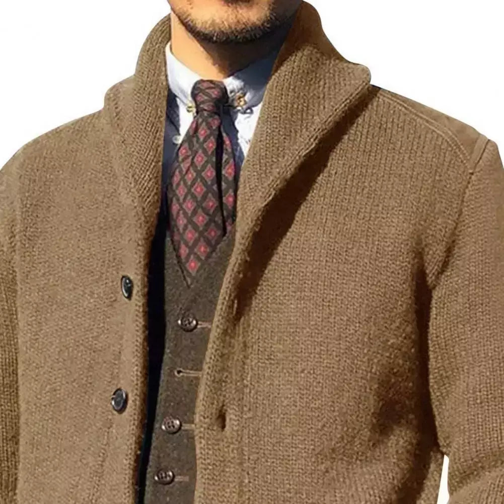 Homens casaco de malha lapela manga comprida bolsos engrossados cardigan camisola masculina outono botões sólidos placket casaco de malha para o trabalho