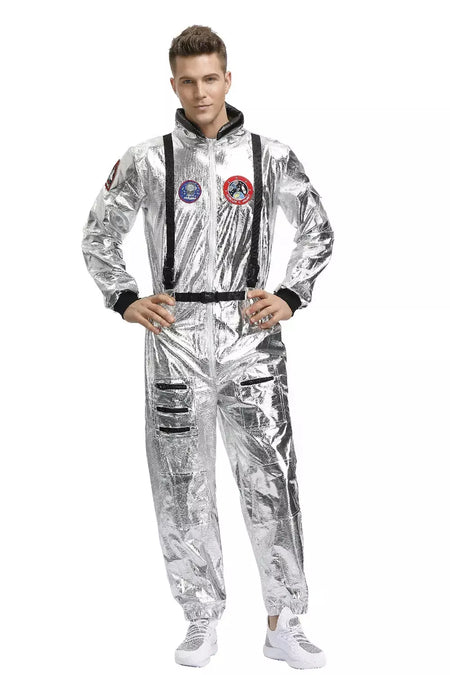 Adulto prata astronauta traje das mulheres dos homens spaceman terno espaço macacão halloween cosplay festa vestir-se