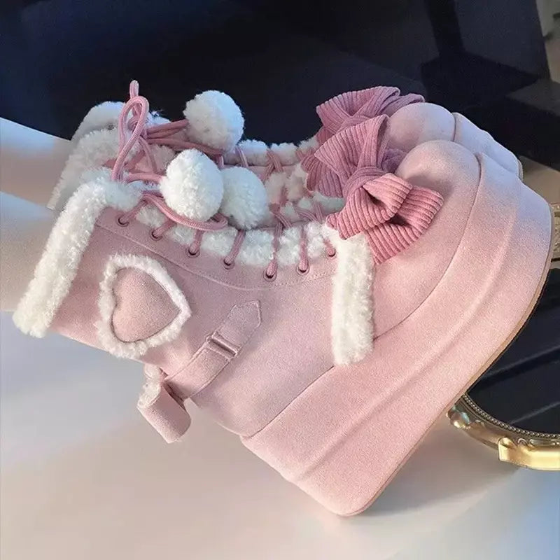 Doce inverno meninas lolita meados de bezerro botas de neve, bonito estudantes do sexo feminino pelúcia quente bowknots rendas até sapatos de salto cunha aumentando