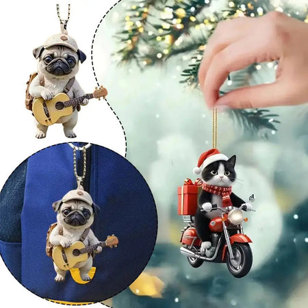 Motocicleta gato acrílico pendurado decoração árvore de natal carro 2d plana equitação gatinho pendurado ornamento dos desenhos animados pingente para natal