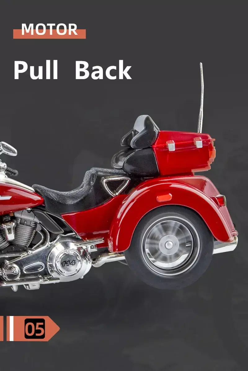 CVO-Tri Glide Alloy Motorcycle Model for Kids, Três Rodas, Cruzeiro, Viagem, Diecast, Lazer na Rua, Luz Sonora, Presente, 1:9