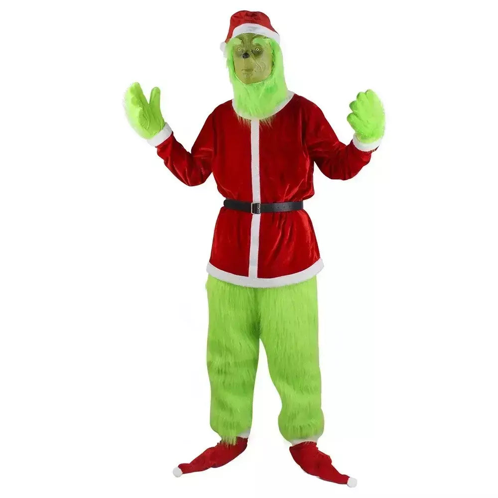 Conjunto de fantasia de papai noel, festa de natal, baile, adulto, dramatização, roupa verde, monstro desgrenhado, dia das bruxas, cosplay, luvas, máscara
