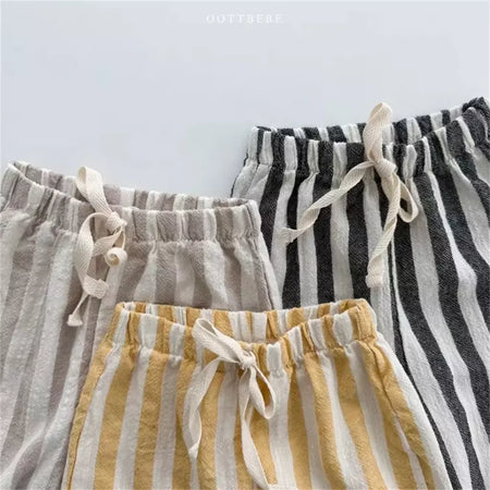Calças listradas de algodão de linho vintage para meninos casual bolso design elásticos calças de cintura para criança menina roupas crianças