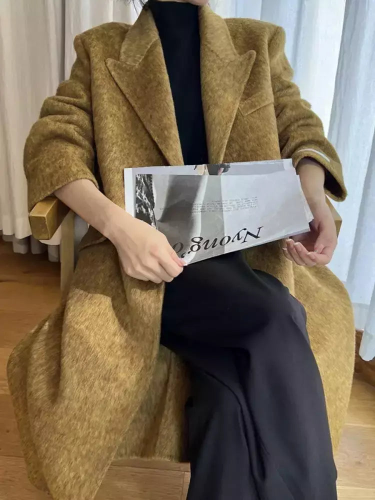 Casaco de alpaca de lã feminino, jaquetas de lã, trespassado duplo, gola de terno, solto, Casacos longos, senhora do escritório, outono, inverno, 2022