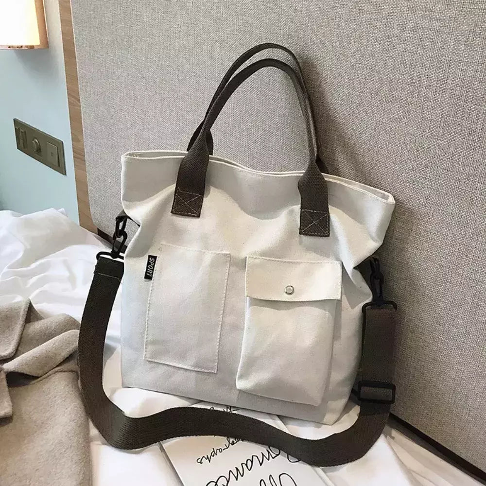 Bolsa de lona monocromática de grande capacidade para estudantes, feminina Shopper Bag, Totes transversais, bolsa de ombro casual, moda, 2024