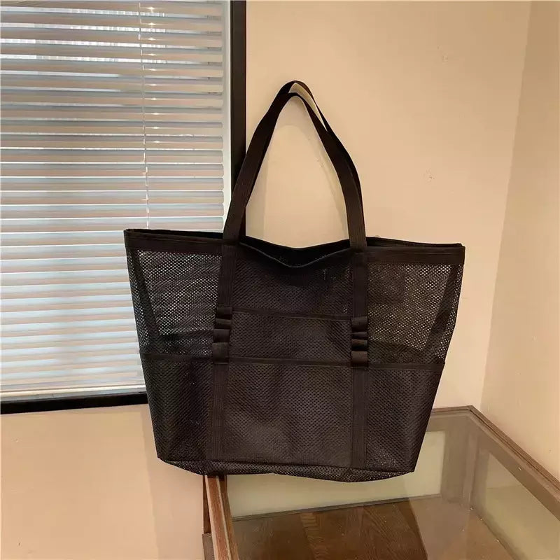 Bolsa de praia de malha portátil para mulheres, maquiagem, bolsa de lavagem, organizador de banho, Shopper Totes, verão