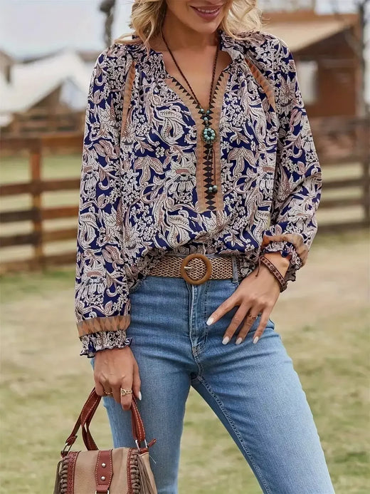 Blusa de manga comprida boêmia feminina, túnica primavera e outono